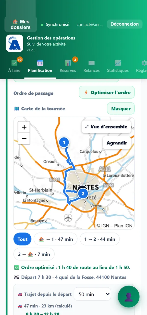Carte de la tournée sur fond Plan IGN, ordre optimisé : 1 h 40 de route au lieu de 1 h 50