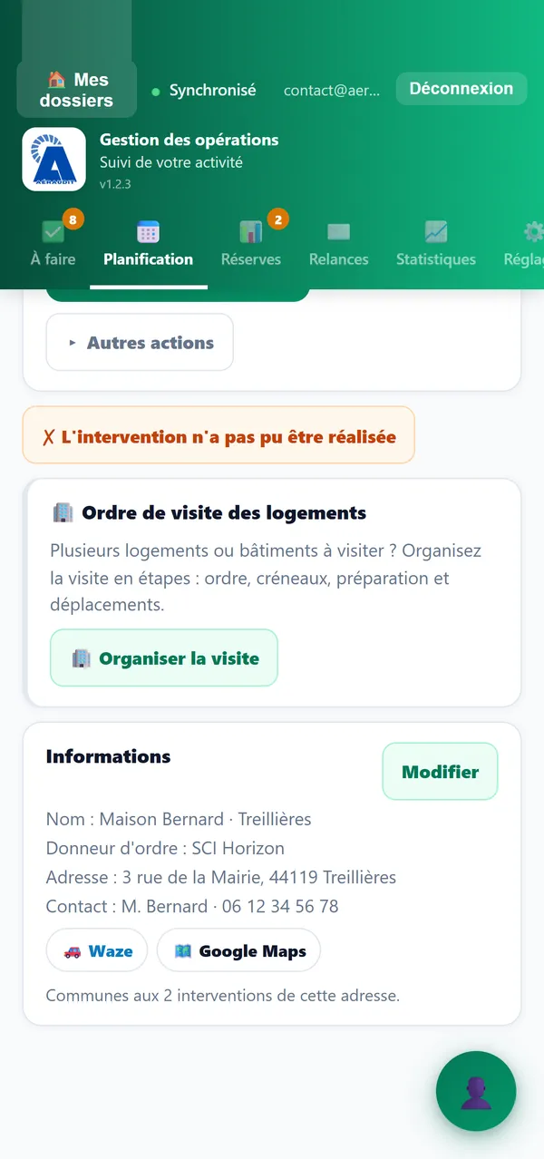Fiche d'intervention : Démarrer le contrôle, Waze et Google Maps, ordre de visite des logements