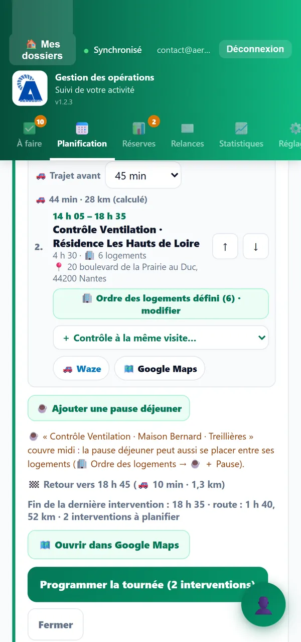 Programmer une tournée : contrôle Ventilation et test d'étanchéité à la même visite, liens Waze et Google Maps