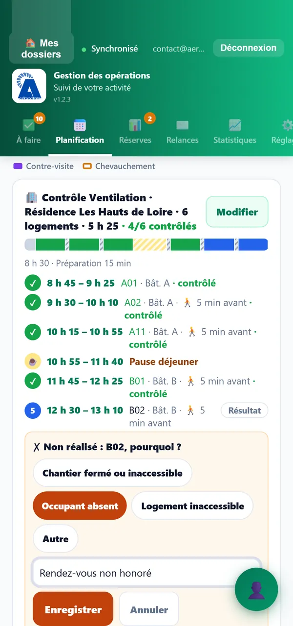 Logement B02 non réalisé : motif « Occupant absent » choisi en un toucher