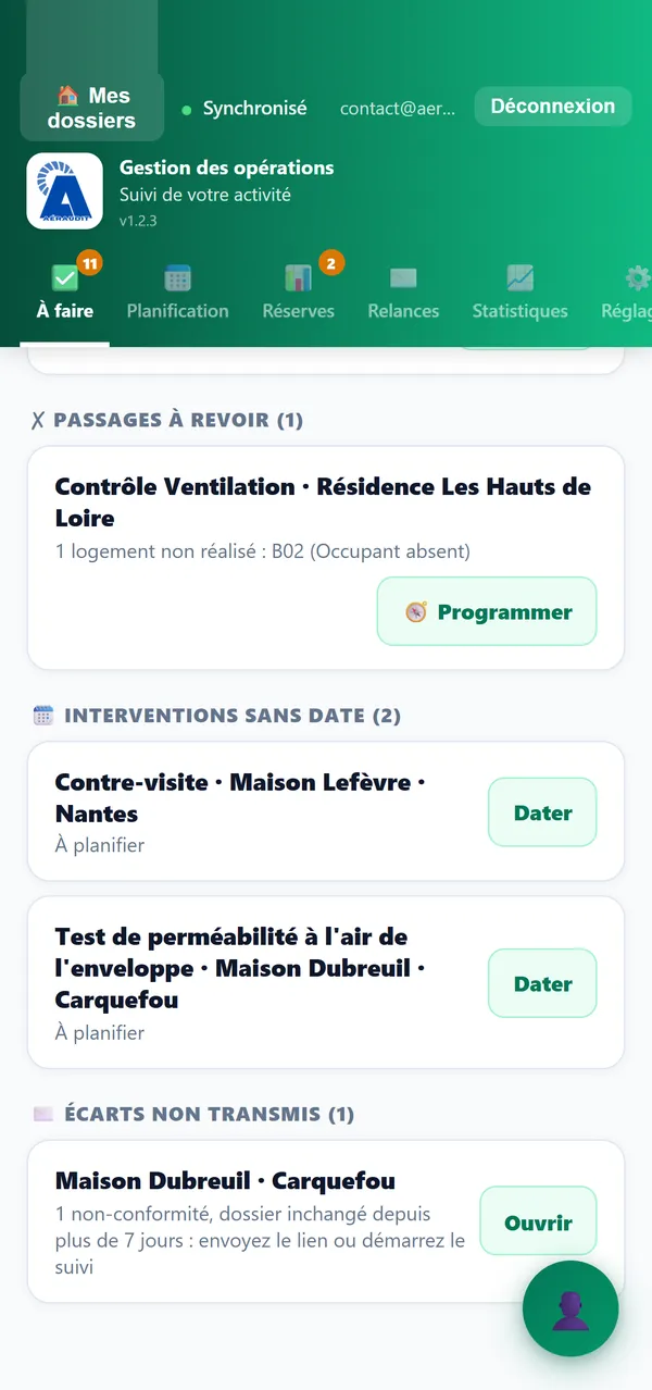 À faire, passages à revoir : 1 logement non réalisé, bouton Programmer