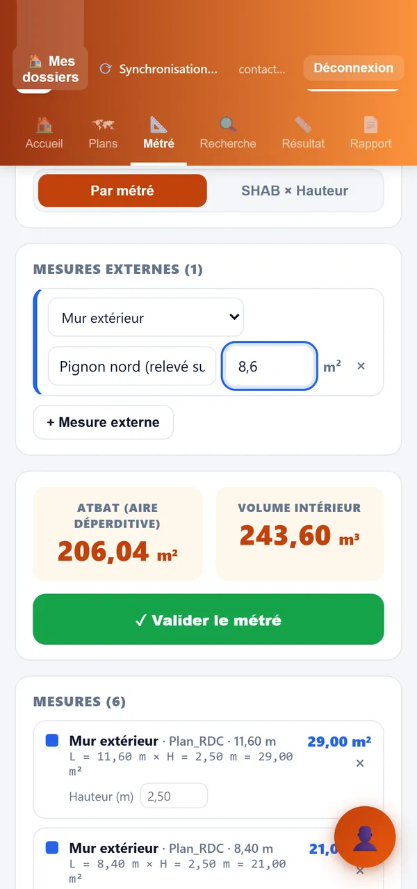 Mesure externe « Pignon nord » ajoutée à la main, avant validation du métré