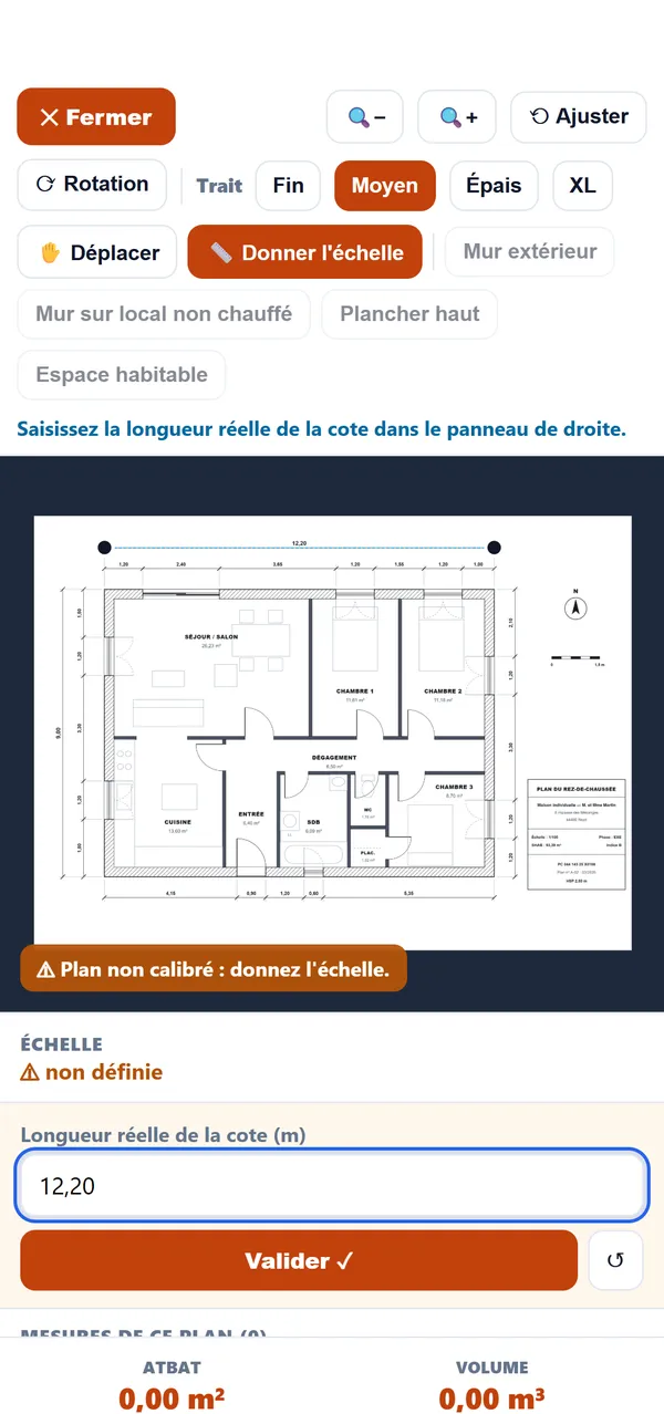 Métré : l'échelle se donne sur une cote réelle du plan (12,20 m)