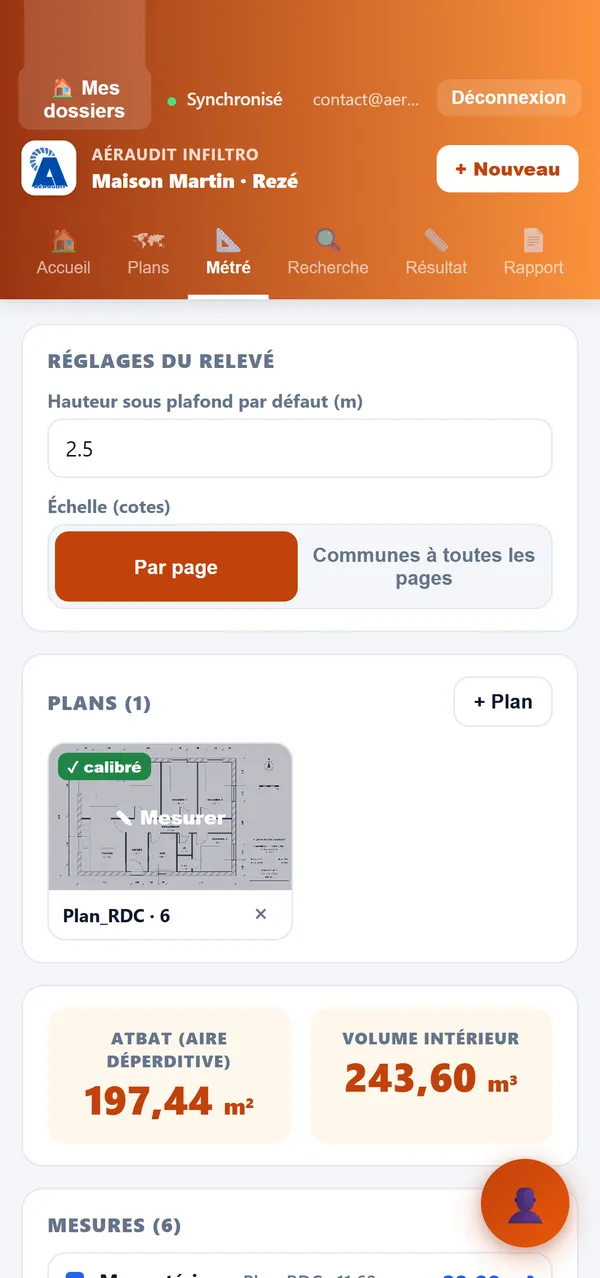 Plan calibré et totaux du relevé : ATbat 197,44 m², volume intérieur 243,60 m³