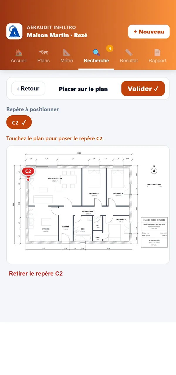 Placement du repère C2 d'un toucher sur le plan