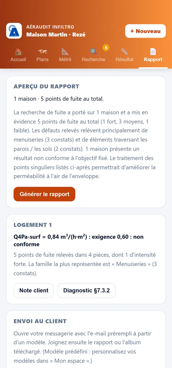 Onglet Rapport Infiltro : note client et diagnostic § 7.3.2 à copier dans le rapport de mesure