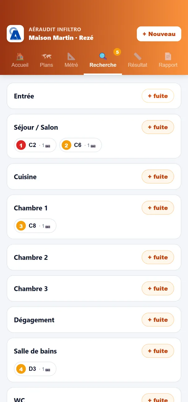 Recherche de fuites pièce par pièce