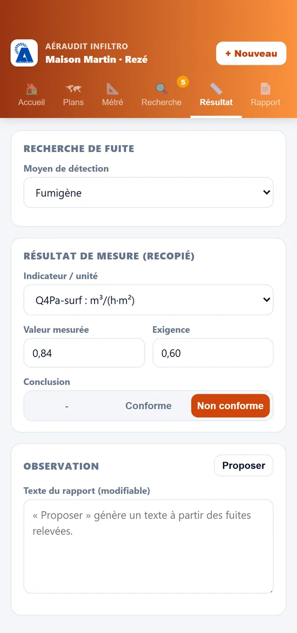 Résultat de l'essai recopié : Q4Pa-surf 0,84 pour une exigence de 0,60, non conforme ; moyen de détection fumigène