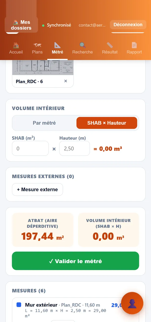 Volume intérieur en SHAB × hauteur, à côté du calcul par métré
