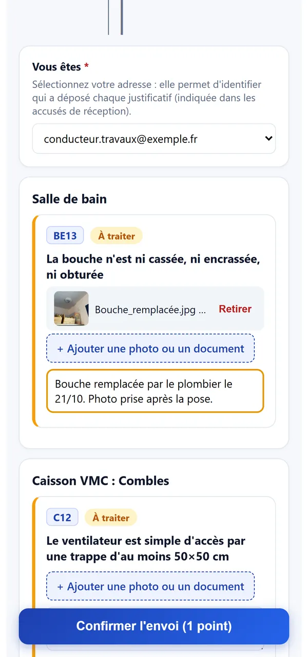 Page de dépôt du donneur d'ordre : justificatif ajouté au point BE13