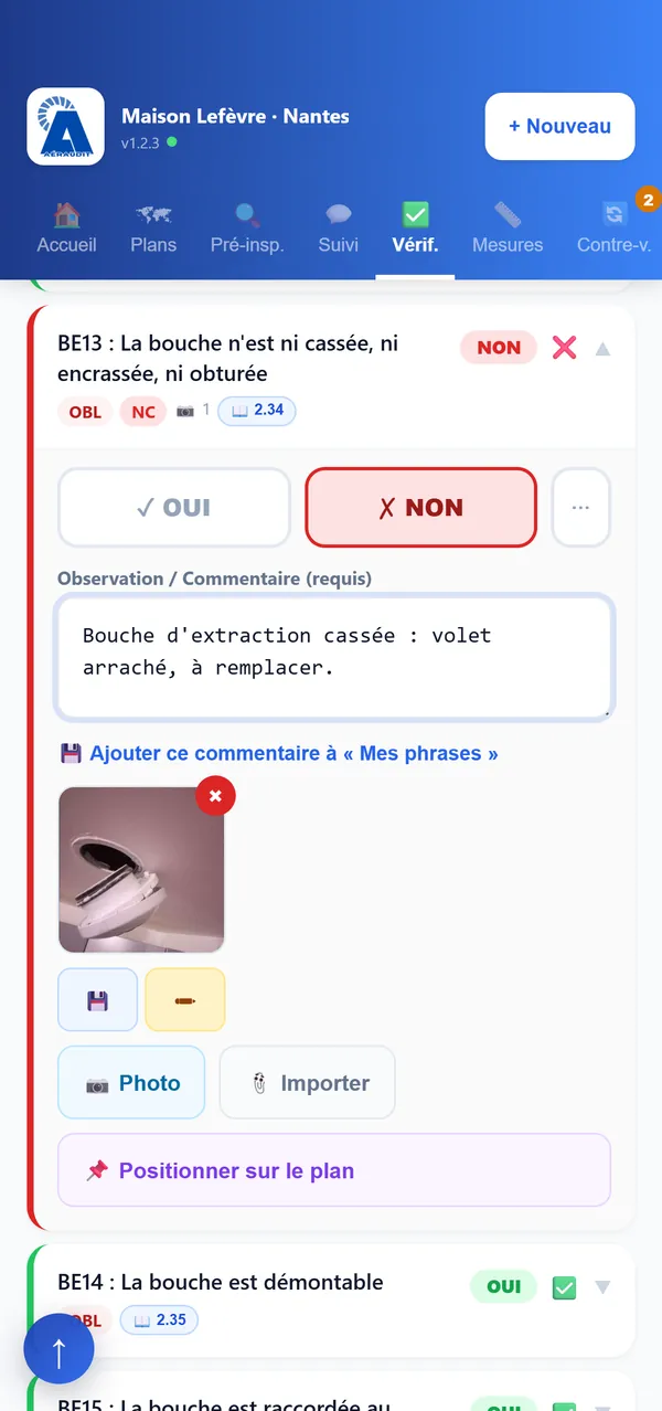 Point BE13 non conforme avec commentaire et photo de la bouche cassée