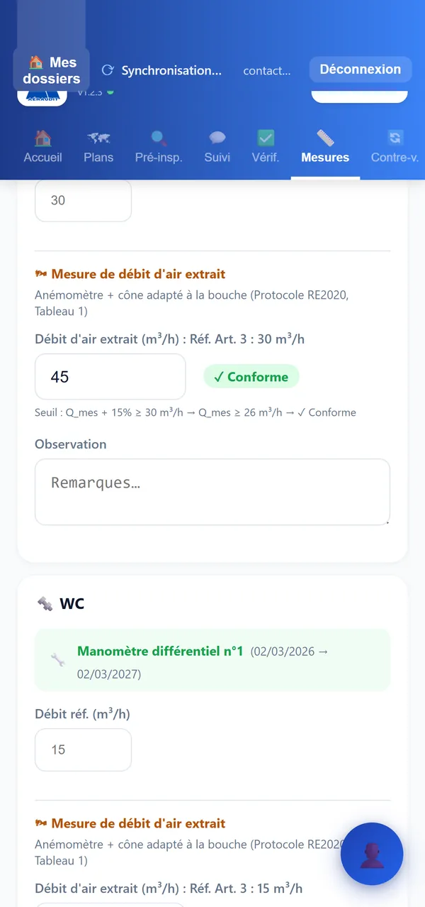 Mesure de débit d'air extrait : 45 m³/h pour une référence de 30 m³/h, conforme
