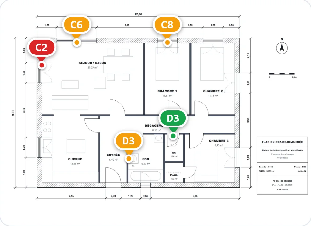 Plan du rez-de-chaussée coté, cinq fuites repérées et classées (C2, C6, C8, D3)