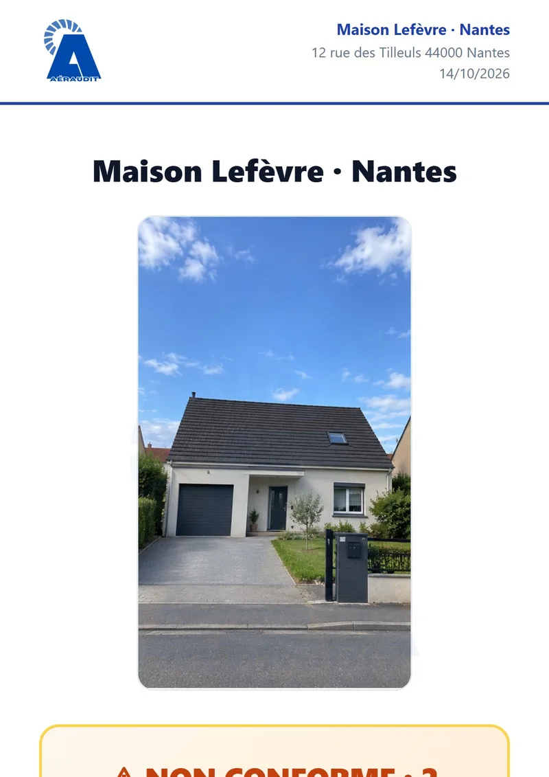 Première page d'un rapport de contrôle ventilation : non conforme, 2 écarts
